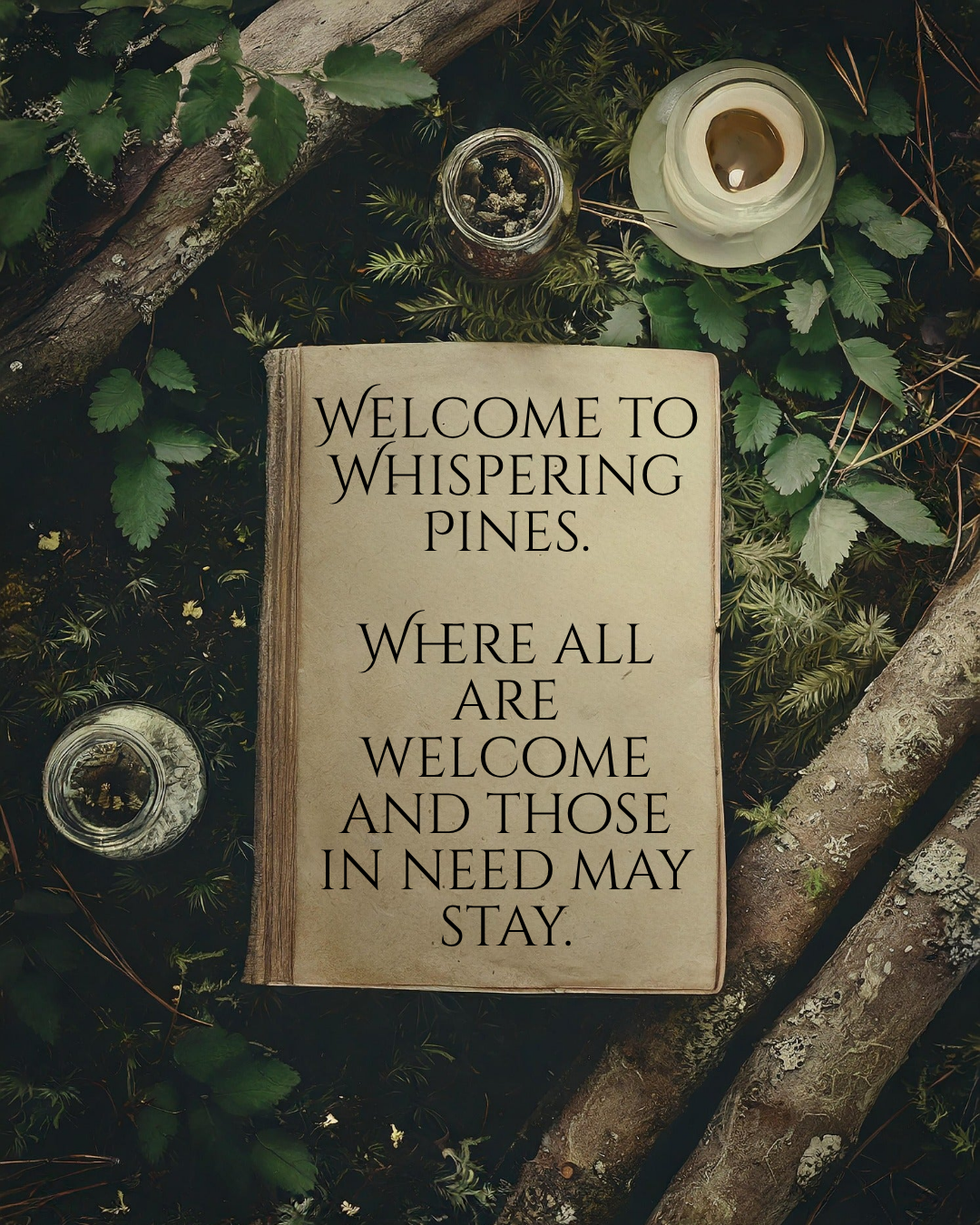 Book with welcoming message surrounded by nature elements