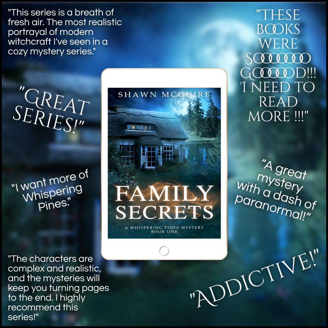 Book cover of 'Family Secrets' by Shawn McGuire with positive reviews on a blue background