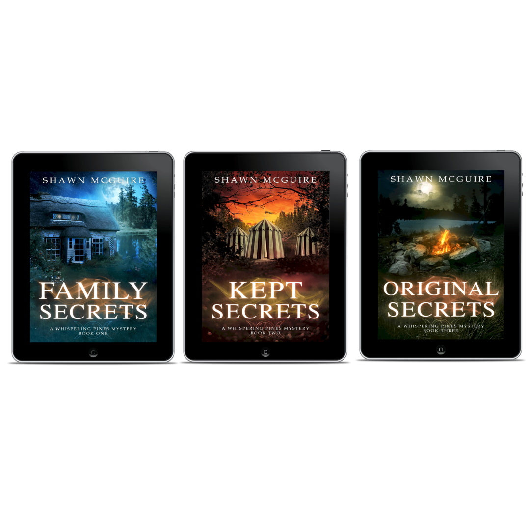 Three ebook covers titled 'Family Secrets', 'Kept Secrets', and 'Original Secrets' by Shawn McGuire.