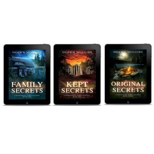 Three ebook covers titled 'Family Secrets', 'Kept Secrets', and 'Original Secrets' by Shawn McGuire.