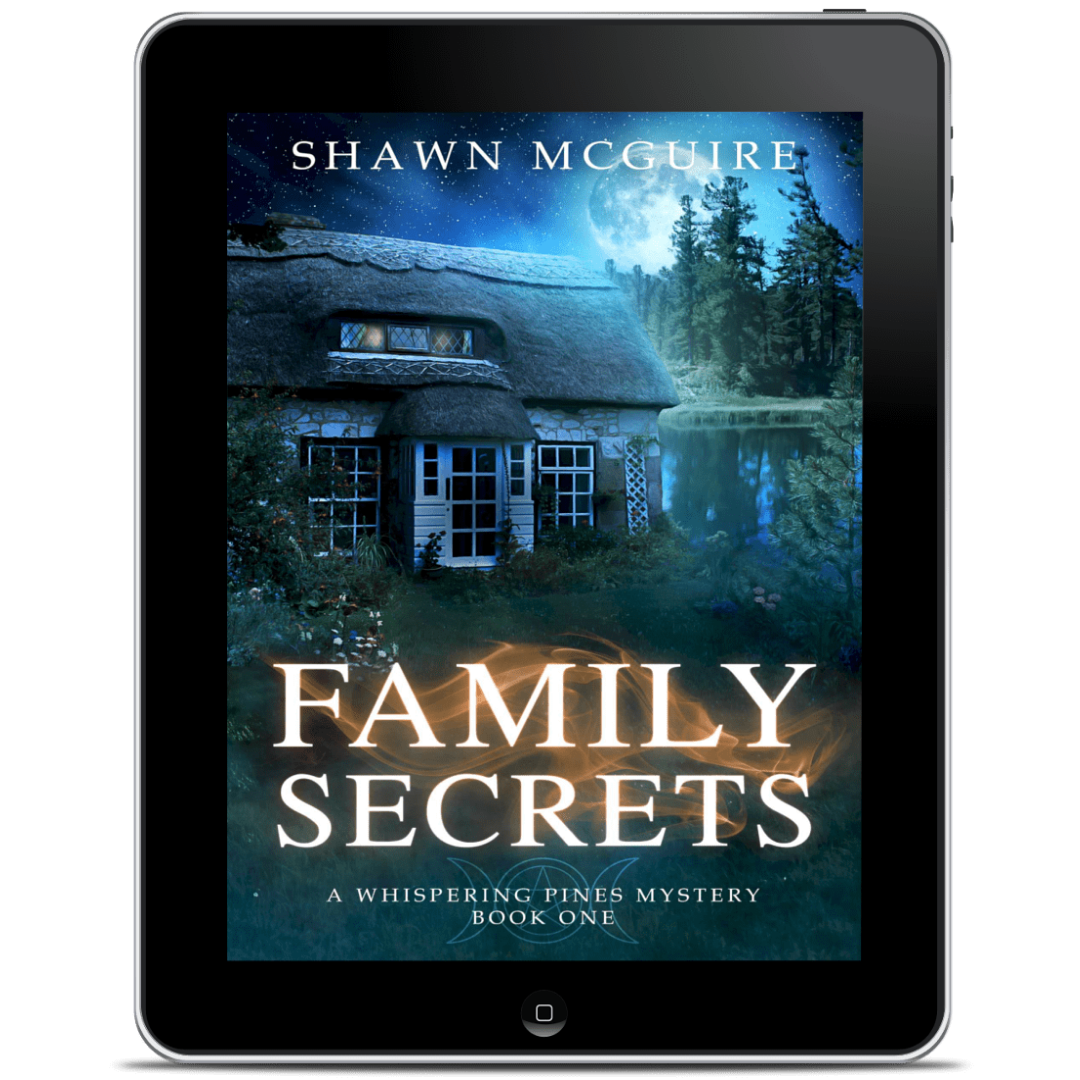 Tablet displaying the book cover of 'Family Secrets' by Shawn McGuire 