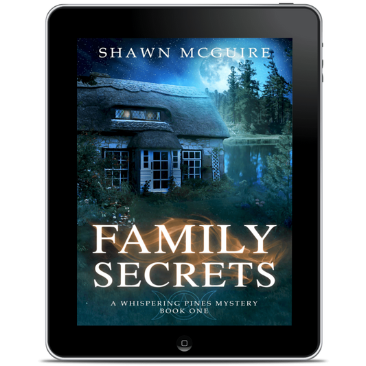 Tablet displaying the book cover of 'Family Secrets' by Shawn McGuire 