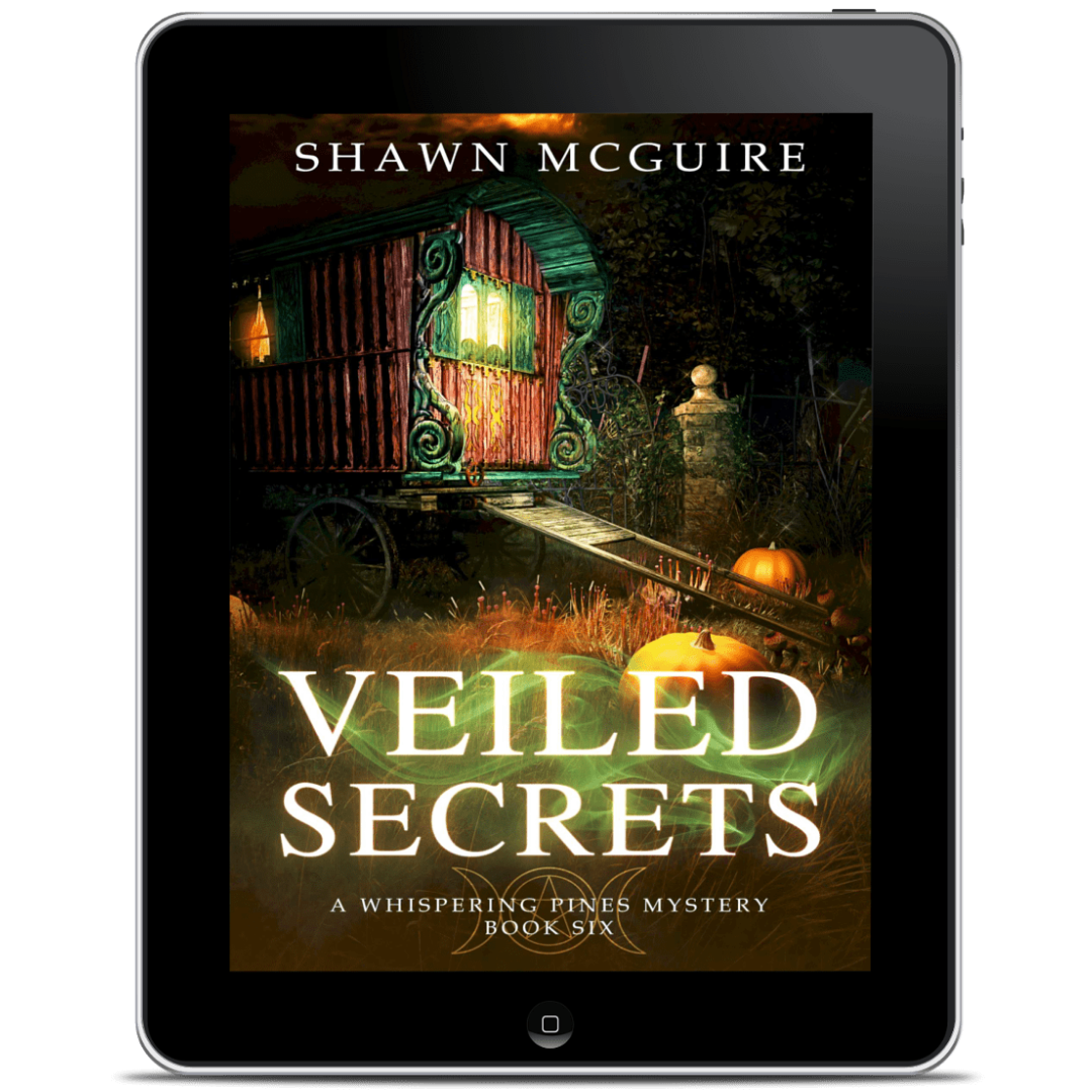 Ebook cover of 'Veiled Secrets' by Shawn McGuire on a tablet screen.