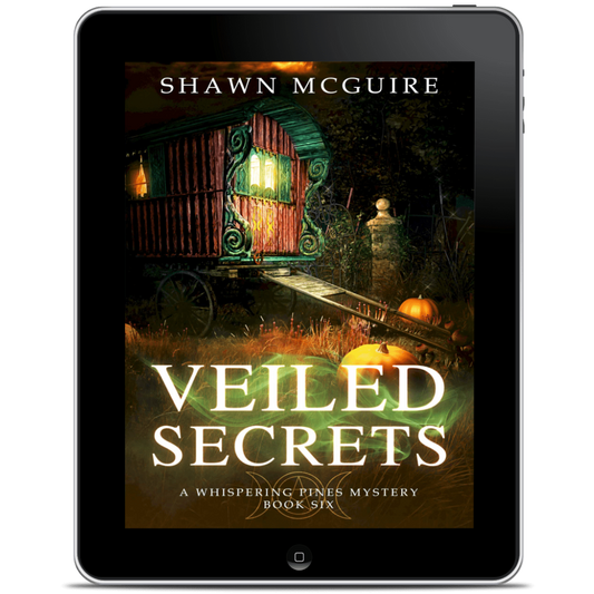 Ebook cover of 'Veiled Secrets' by Shawn McGuire on a tablet screen.