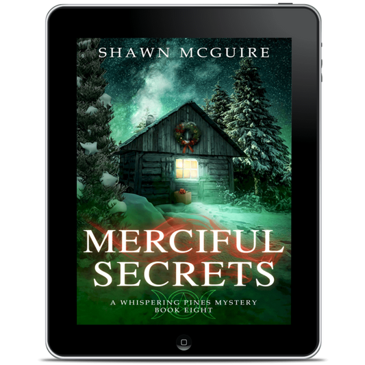 Ebook cover of 'Merciful Secrets' by Shawn McGuire on a tablet screen.