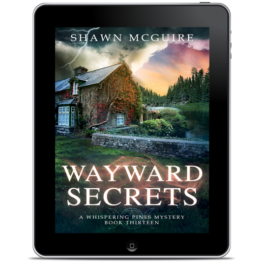 Tablet displaying the book cover of 'Wayward Secrets' by Shawn McGuire 