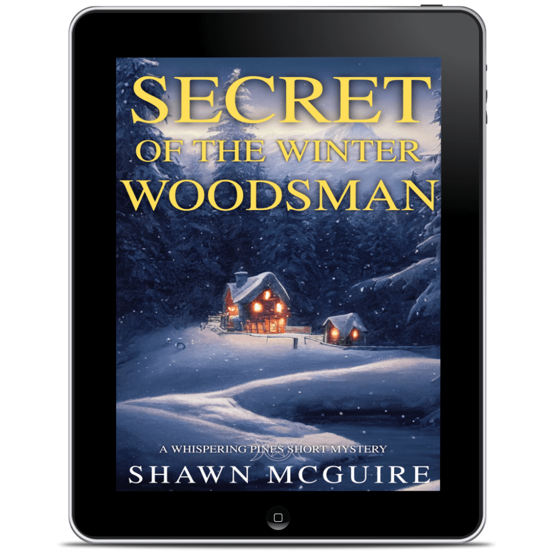 Digital book cover of 'Secret of the Winter Woodsman' by Shawn McGuire displayed on a tablet.