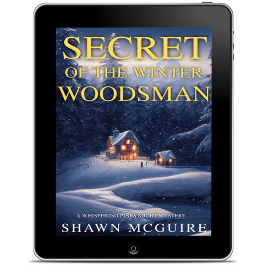 Digital book cover of 'Secret of the Winter Woodsman' by Shawn McGuire displayed on a tablet.