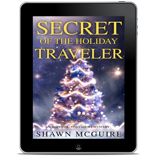 Digital book cover of 'Secret of the Holiday Traveler' by Shawn McGuire displayed on a tablet.