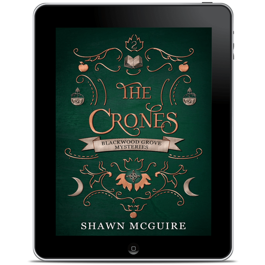Digital book cover of 'The Crones' by Shawn McGuire displayed on a tablet.