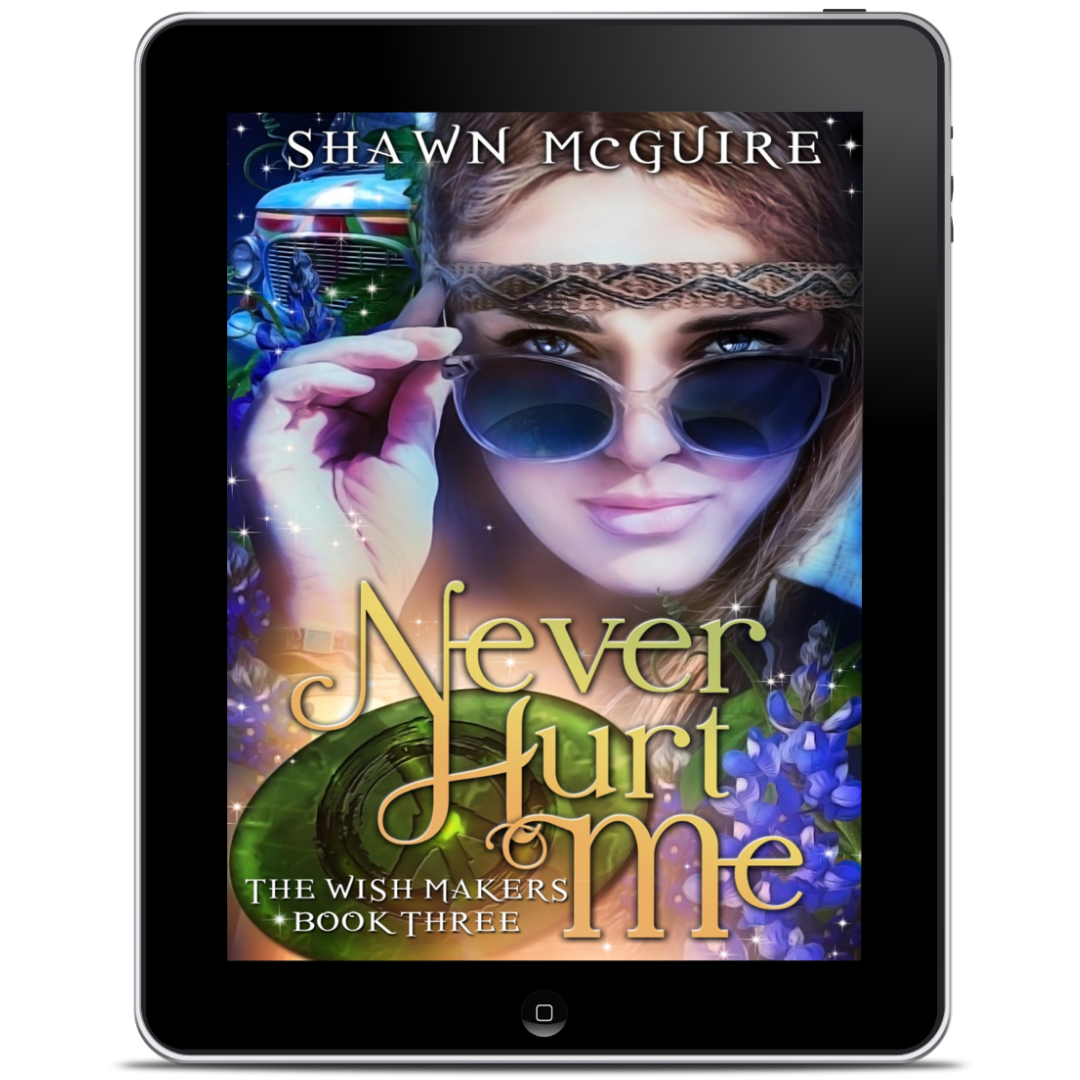 Ebook cover of 'Never Hurt Me' by Shawn McGuire on a tablet screen.