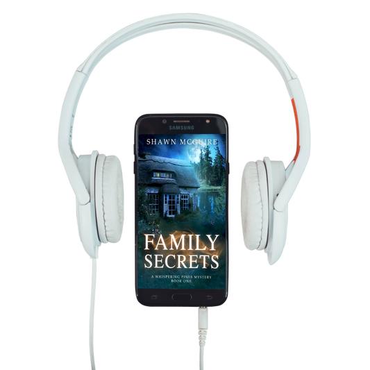 White headphones with a smartphone displaying 'Family Secrets' book cover