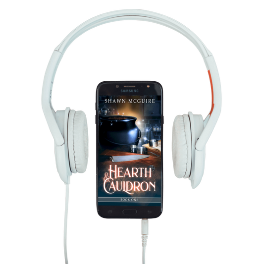 White headphones with a smartphone displaying 'Hearth & Caudron' by Shawn McGuire
