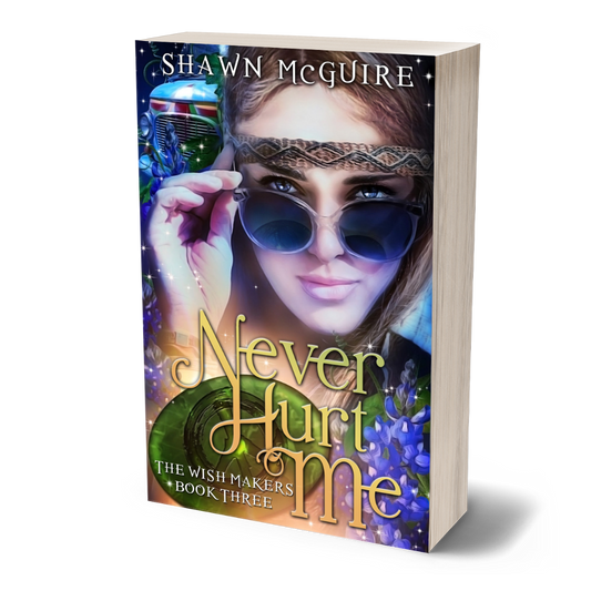 Book cover of 'Never Hurt Me' by Shawn McGuire with a person wearing sunglasses and a colorful background.