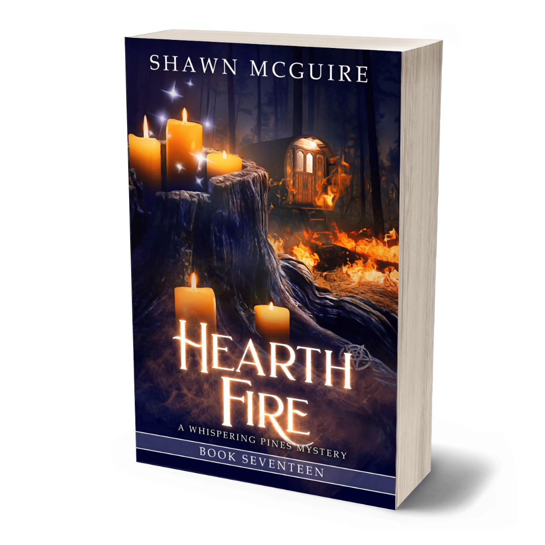 Book cover of 'Hearth Fire' by Shawn McGuire with candles on a log with fire in background.