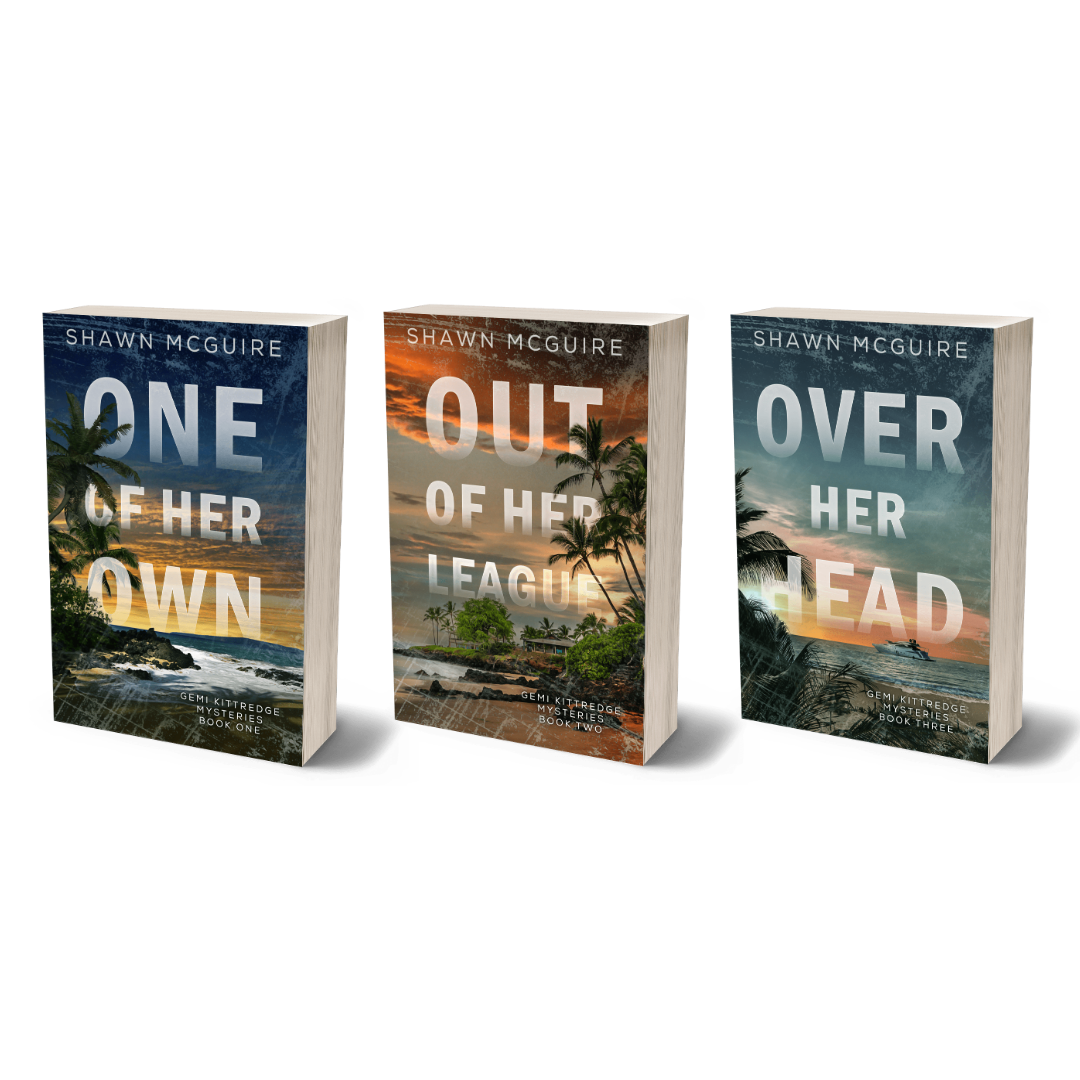Three paperback books by Shawn McGuire titled 'One of Her Own', 'Out of Her League', and 'Over Her Head.'
