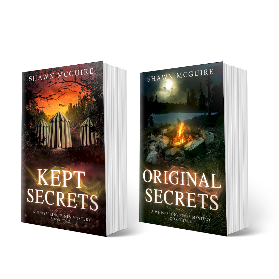Paperback covers of Shawn McGuire's cozy murder mysteries 'Kept Secrets' and 'Original Secrets'.