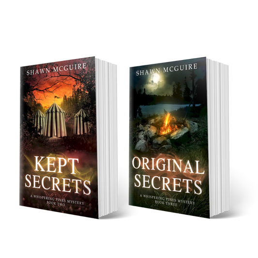 Paperback covers of Shawn McGuire's cozy murder mysteries 'Kept Secrets' and 'Original Secrets'.