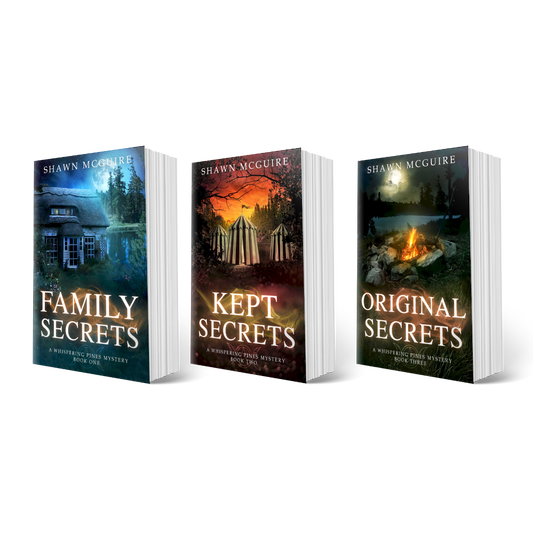 Paperback covers of Shawn McGuire’s 3-book cozy murder mystery series collection books 1-3.