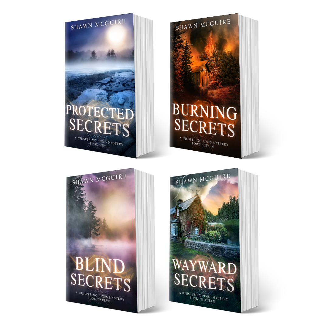 Paperback covers of Shawn McGuire’s 4-book cozy murder mystery series collection books 10-13.