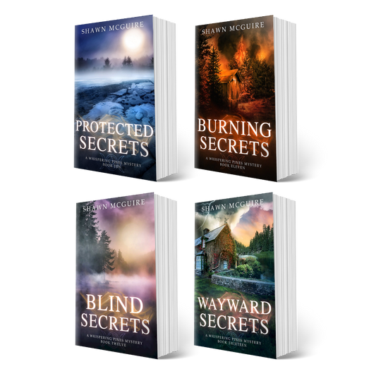 Paperback covers of Shawn McGuire’s 4-book cozy murder mystery series collection books 10-13.