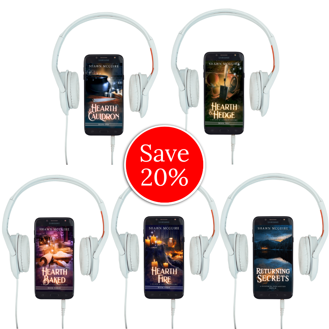 Headphones with smartphones displaying book covers and a 'Save 20%' label. Book covers of Shawn McGuire’s Whispering Pines witch-themed murder mystery series.