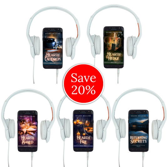 Headphones with smartphones displaying book covers and a 'Save 20%' label. Book covers of Shawn McGuire’s Whispering Pines witch-themed murder mystery series.