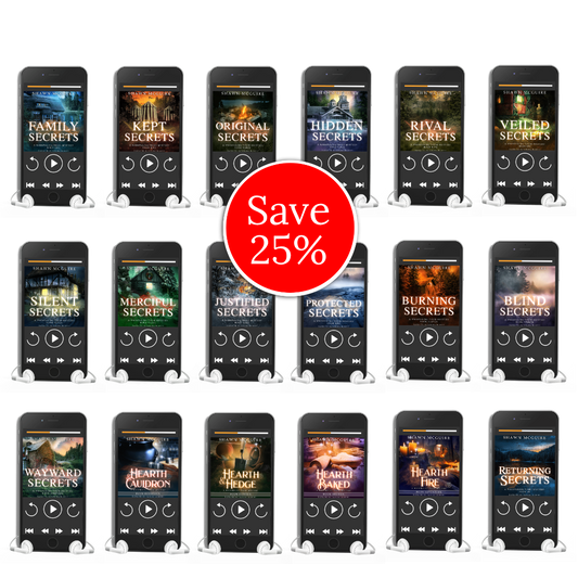 Row of 18 smartphone screens displaying audiobook images of Shawn McGuire's Whispering Pines mysteries series with a 'Save 25%' red circle overlay.