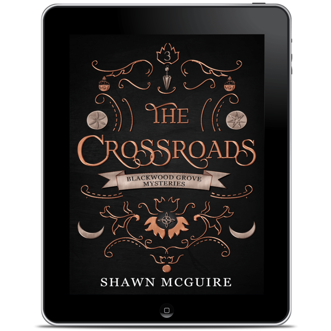 Digital book cover of 'The Crossroads' by Shawn McGuire displayed on a tablet.