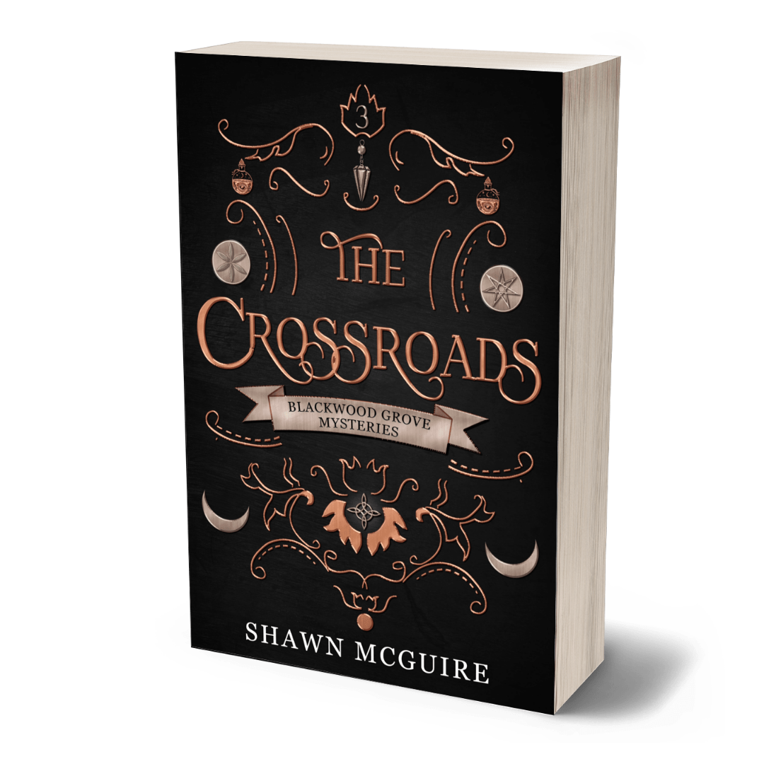 Paperback image of Shawn McGuire's 'The Crossroads' with decorative elements.
