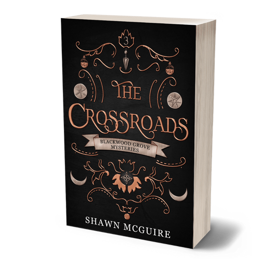 Paperback image of Shawn McGuire's 'The Crossroads' with decorative elements.
