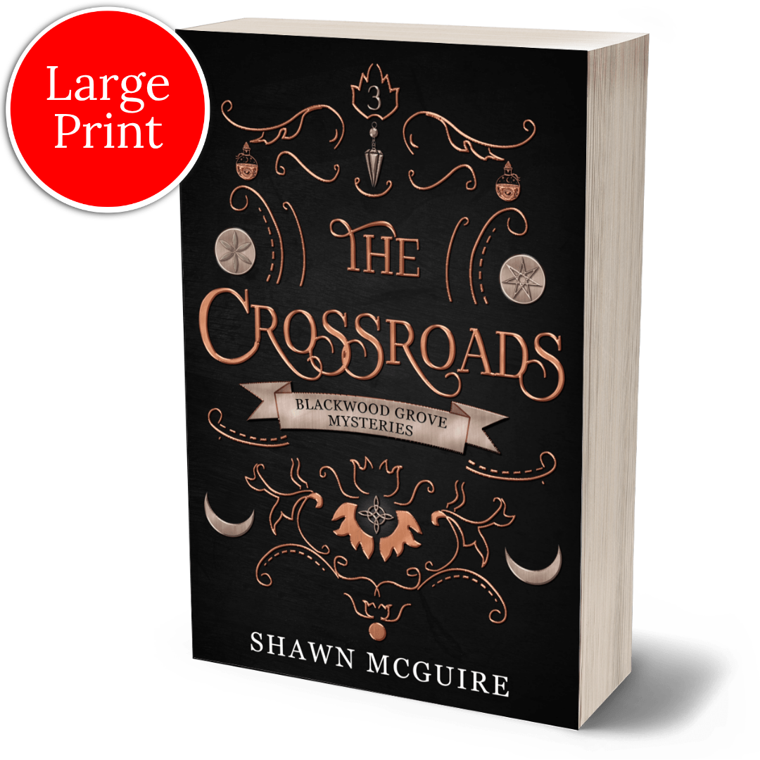 Book cover of 'The Crossroads' with decorative elements and red 'Large Print' label.