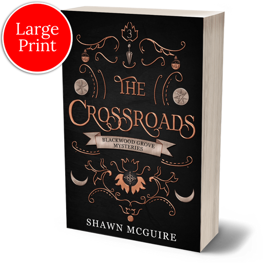 Book cover of 'The Crossroads' with decorative elements and red 'Large Print' label.