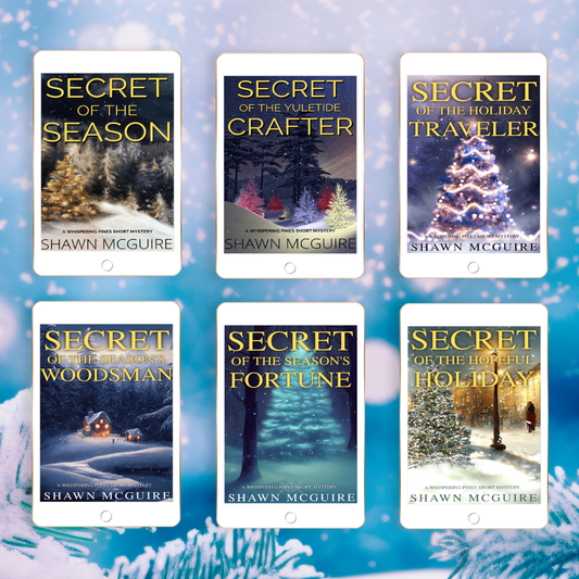 Six e-book covers by Shawn McGuire arranged in a 2x3 grid on a snowy blue background. Featuring Shawn McGuire's Whispering Pines short mystery holiday novellas.