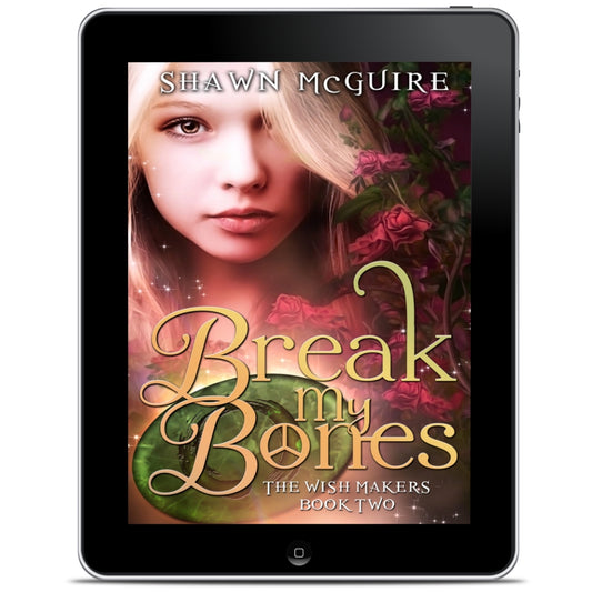 E-book cover on e-reader of Shawn McGuire’s young adult fantasy genie wishes series featuring rose vines, and emerald stone, a teenage girl with blond hair.