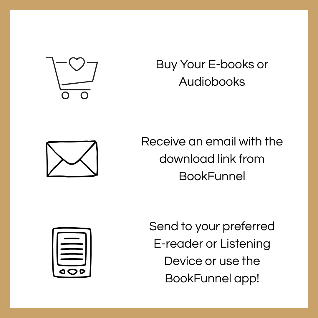 Instructions for purchasing e-books or audiobooks from BookFunnel with icons and text.
