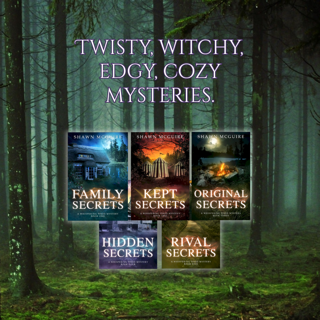Five book covers titled 'Family Secrets', 'Kept Secrets', 'Original Secrets', 'Hidden Secrets', and 'Rival Secrets' with a forest background.