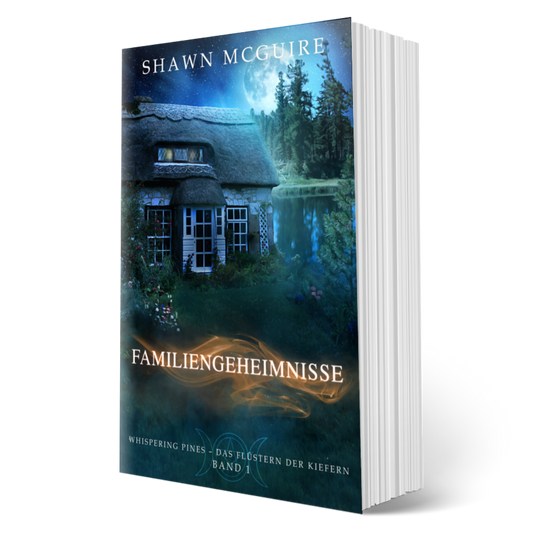 Buchcover für Shawn McGuires gemütlichen Krimi, der in Whispering Pines spielt und natürliche Waldelemente und eine geheimnisvolle Atmosphäre aufweist.