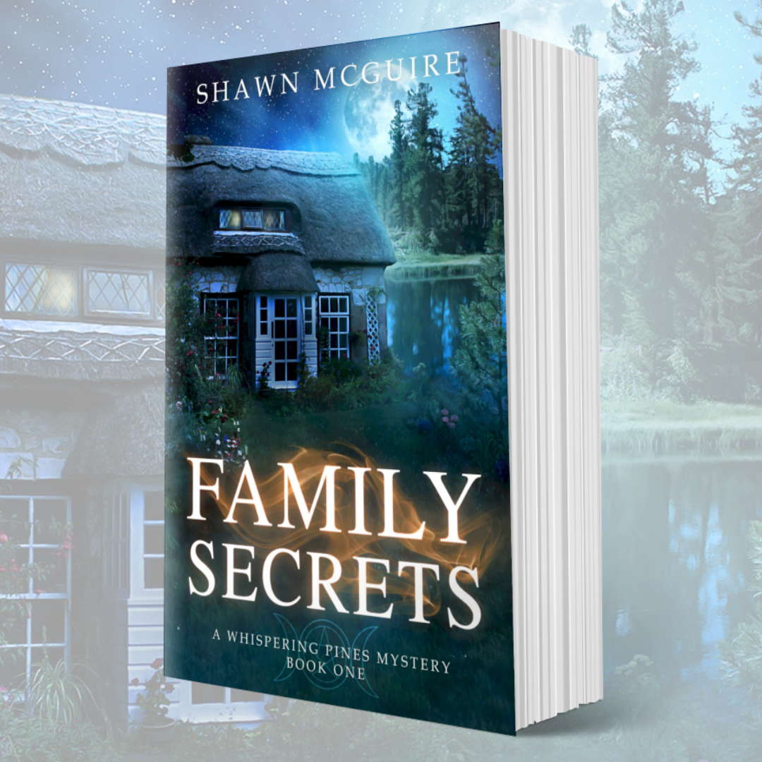 Book cover for Shawn McGuire’s cozy mystery set in Whispering Pines, featuring natural woodland elements and a mysterious ambiance.
