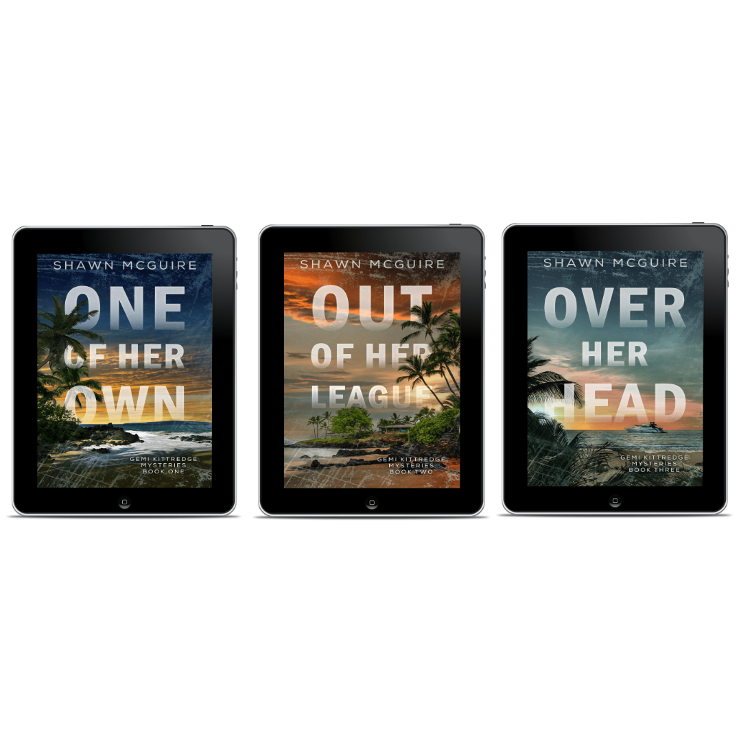 Three black tablet devices shown side by side on a white background, each displaying a different book cover by Shawn McGuire: 'One of Her Own,' 'Out of Her League,' and 'Over Her Head.'.