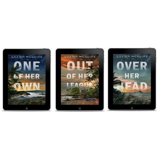 Three black tablet devices shown side by side on a white background, each displaying a different book cover by Shawn McGuire: 'One of Her Own,' 'Out of Her League,' and 'Over Her Head.'.