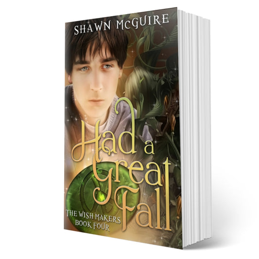 Cover of Shawn McGuire’s young adult fantasy genie wishes series featuring jungle vines, and emerald stone, a sad teenage boy with dark hair.