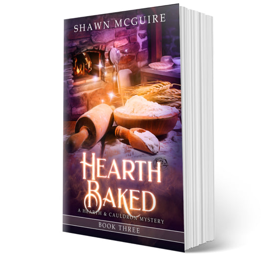 Cover of Shawn McGuire’s witch cozy midlife mysteries with a fireplace in background and large rolling pin. 
