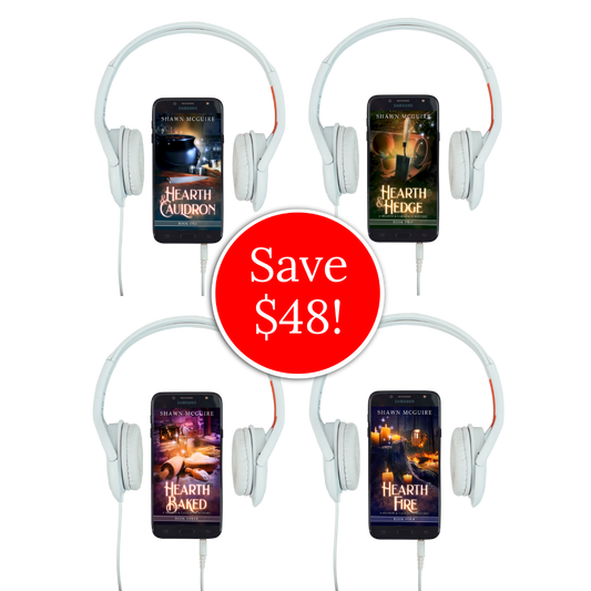 Book covers of Shawn McGuire’s 4-book cozy witch-themed murder mystery series on cellphones.