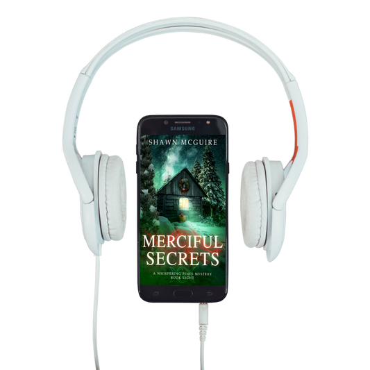 E-book cover on e-reader of Shawn McGuire's cozy murder mystery featuring a cabin in the woods during Yule.