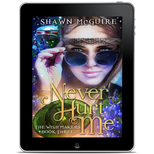 E-book cover on e-reader of Shawn McGuire’s young adult fantasy genie wishes series featuring bluebonnets, a hippie bus, and a hippie girl looking over her glasses.