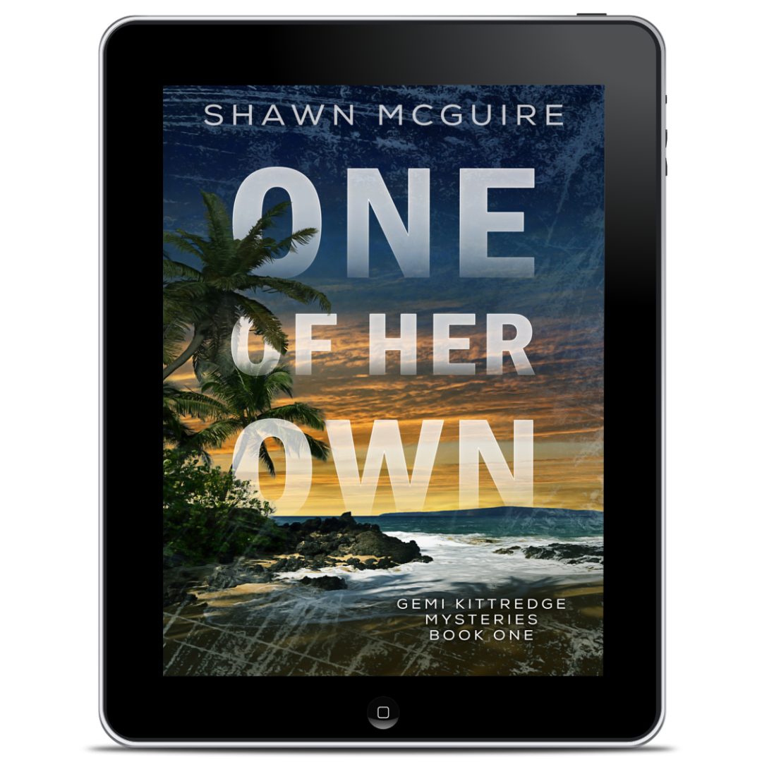 E-book cover on e-reader of Shawn McGuire's murder mystery with a tropical beach beneath an ominous sunrise.