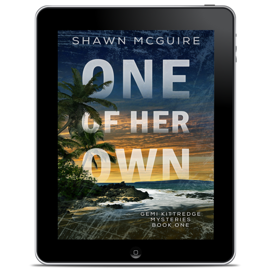 E-book cover on e-reader of Shawn McGuire's murder mystery with a tropical beach beneath an ominous sunrise.