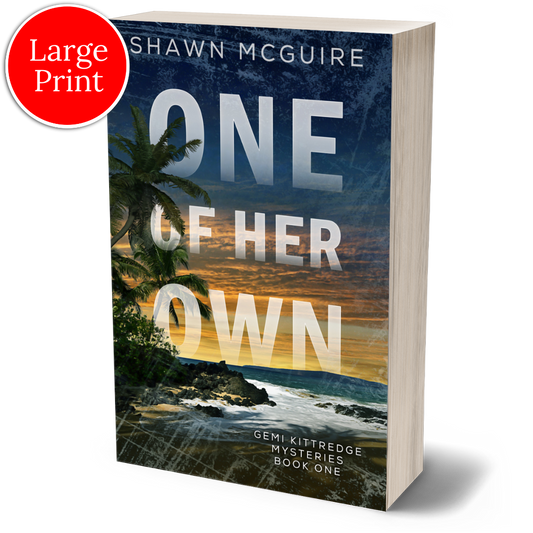 Large print paperback cover of Shawn McGuire's murder mystery with a tropical beach beneath an ominous sunrise.