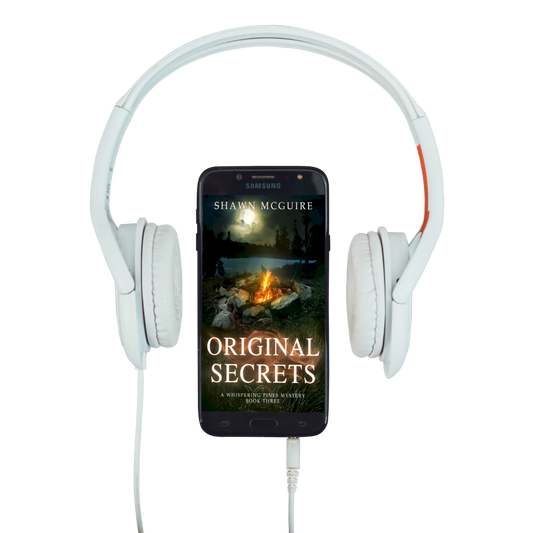 Audiobook cover on cellphone of Shawn McGuire's cozy murder mystery with a campfire by a lake at night with a full moon in the sky.